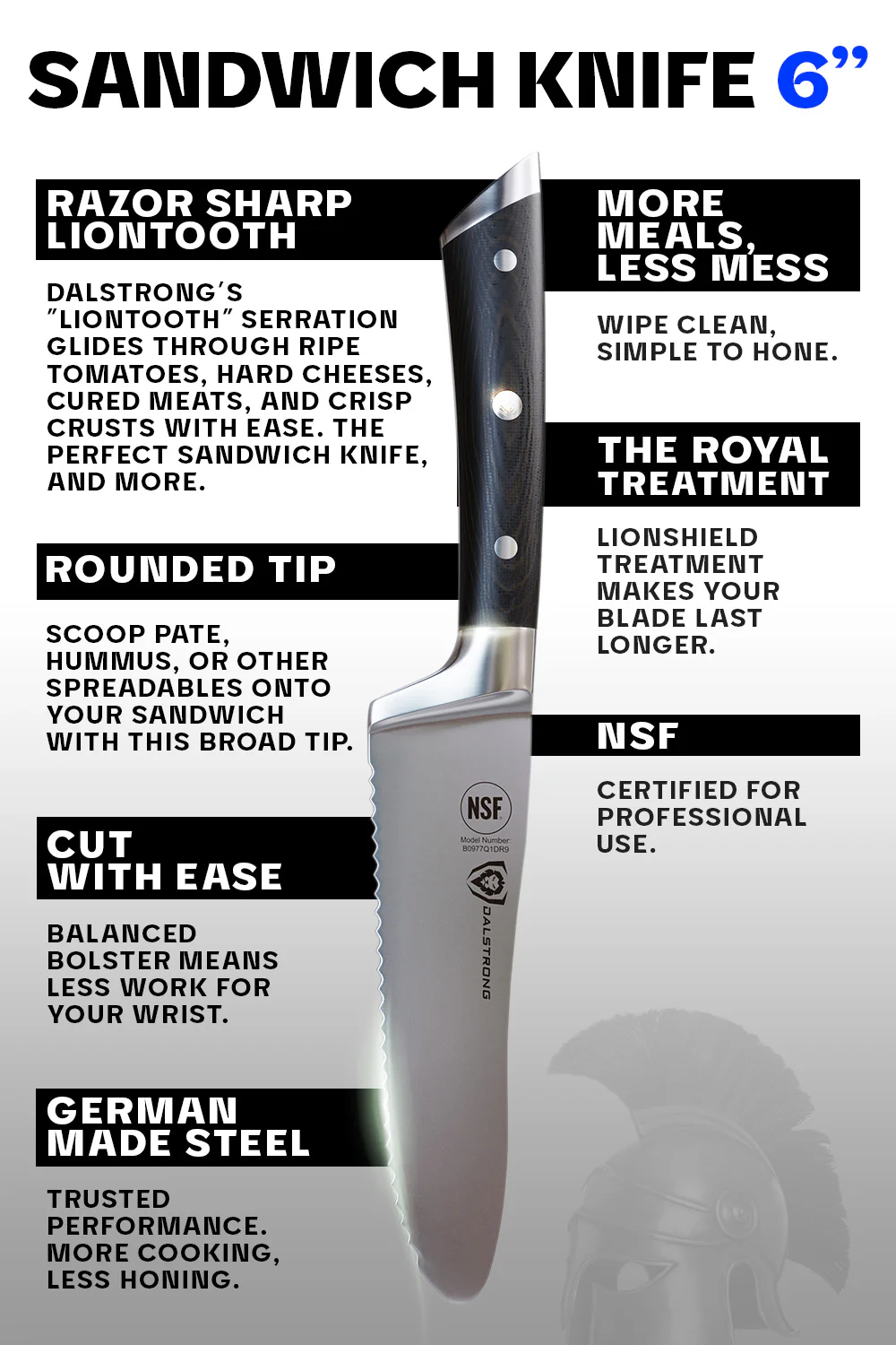 Serrated Sandwich, Deli & Utility Knife 6" | Gladiator Series | NSF Certified | Dalstrong © - Image 5