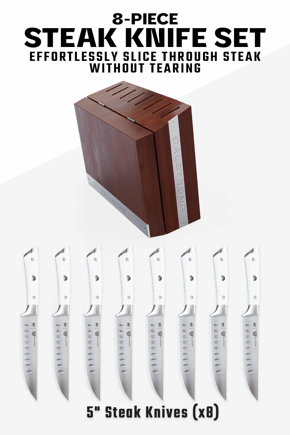 8 Piece Steak Knife Set with Storage Block | White ABS Handle | Gladiator Series | Dalstrong © - Image 5