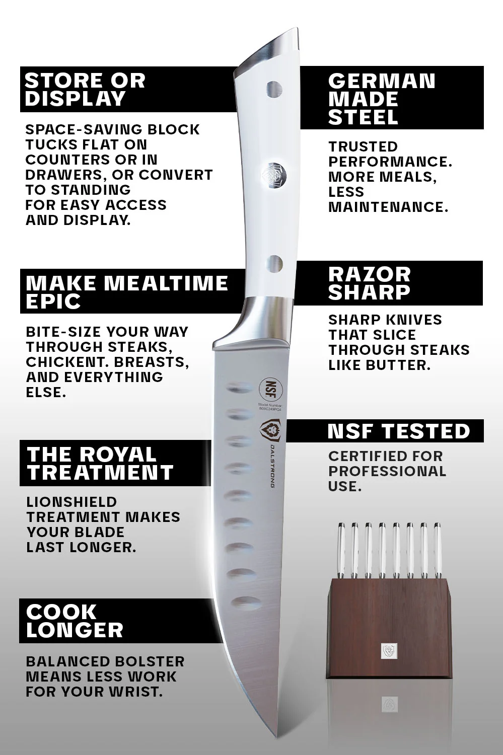 8 Piece Steak Knife Set with Storage Block | White ABS Handle | Gladiator Series | Dalstrong © - Image 6