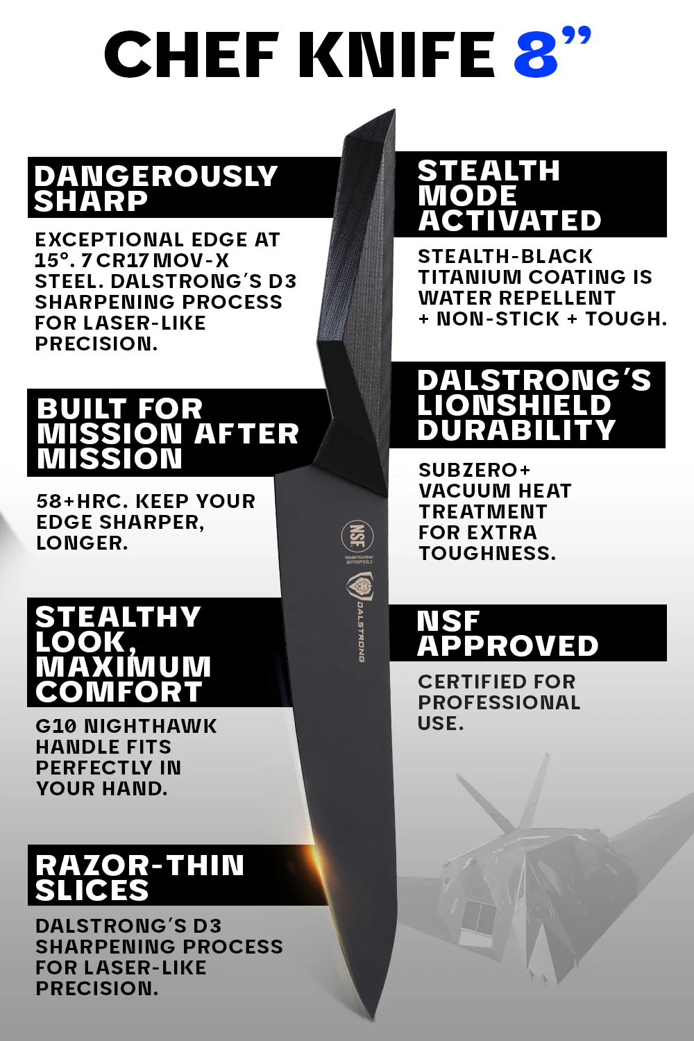 Chef's Knife 8" | Shadow Black Series | NSF Certified | Dalstrong © - Image 6